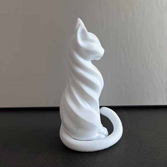 Cat Sculpture, 3D Printed Matte White Desktop Decor with Artistic Lines, Home Ornaments for Shelf Display, Minimalist Decor Gift for Cat Lovers