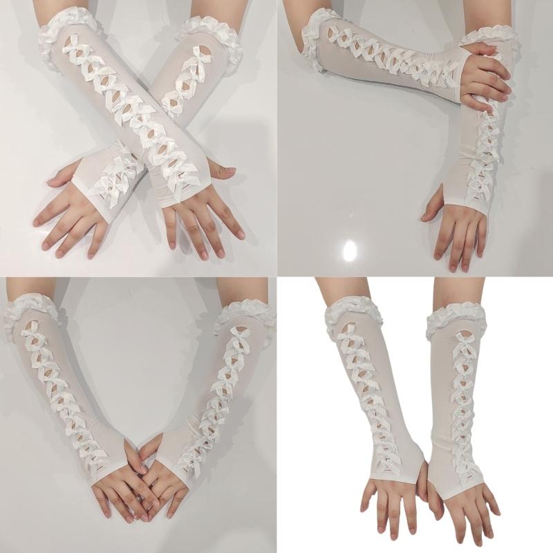 Lace Bowknot Anime Sun Protection Gloves Sun Blocking Soft Hollowed Arm Sleeves For Women Outdoor Daily Use
