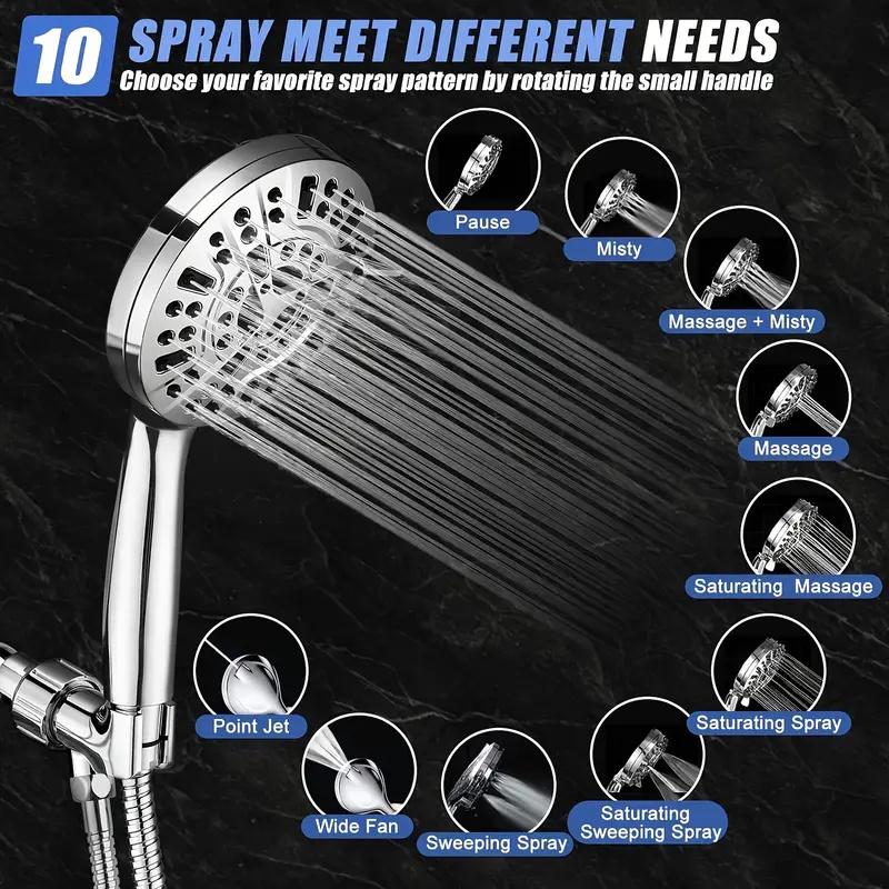 1pc High Pressure Handheld Shower Head, 10 Spray Settings Water Saving Shower Heads Choose Stainless Steel Hose, Holder
