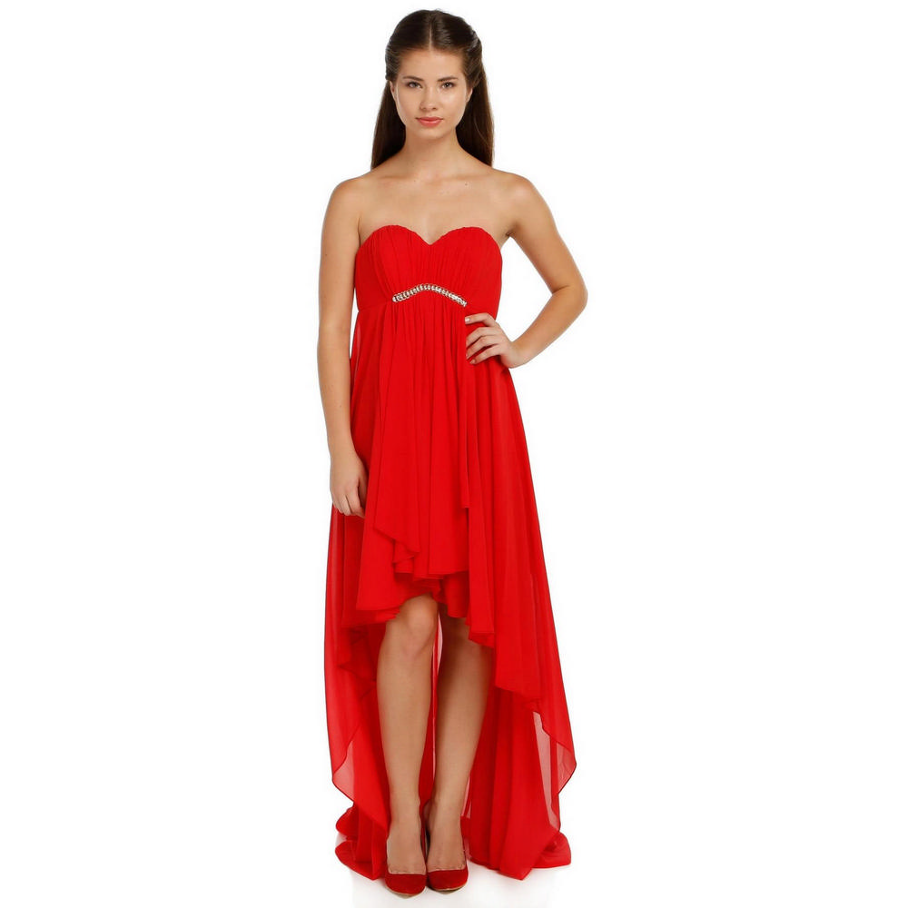 Fierte Women's Evening Dress Azr4489 Strapless Stone Detail Chiffon Skirt Salmon Yellow Green Blue Red