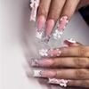 24Pcs Long Square Press On Nails Leopard Print French 3D Cherry Design False Nail Rhinestone Wearable Full Cover Fake Nails Tips