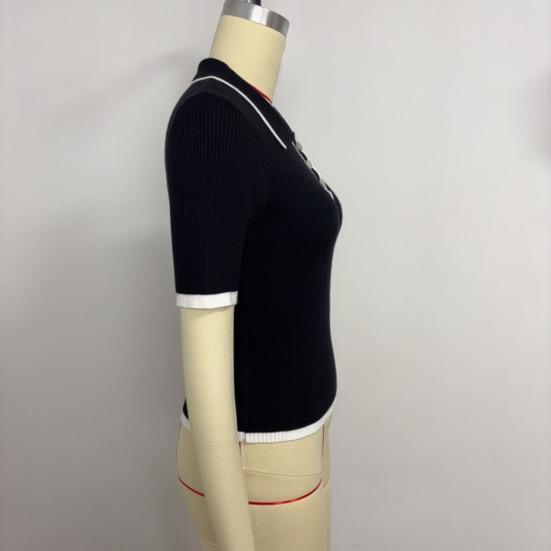 Dámské krátké topy Patchworkové barevné krátkorukávové topy s klopou a knoflíkovým výstřihem Běžný střih Pletené topy