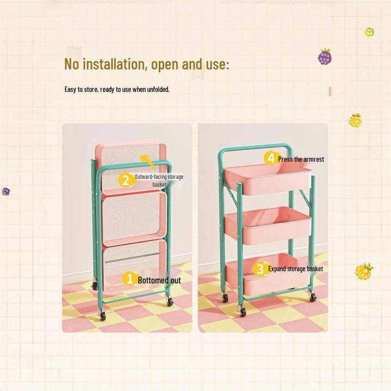 Foldable Snack Cart with Wheels for Kitchen, Bedroom & Toy Storage