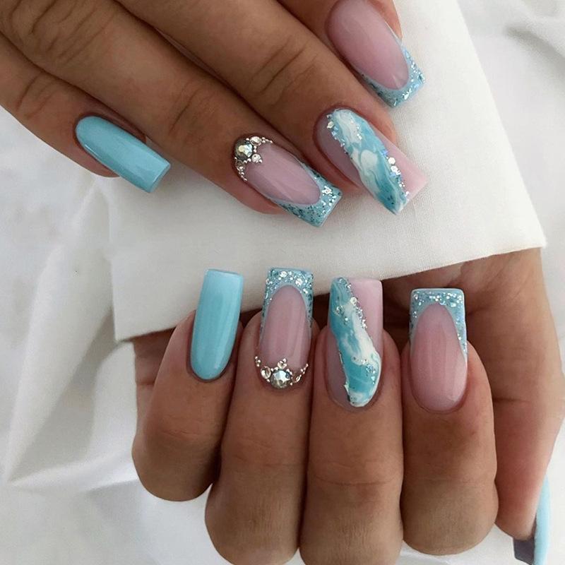 Medium and long European square blue current glitter diamond ins fake nail finished wear nail finished nails