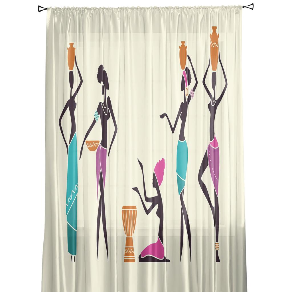 African Woman Ancient Bottle Ethnic Sheer Curtains for Living Room Decoration Window Curtains Kitchen Tulle Voile Curtains