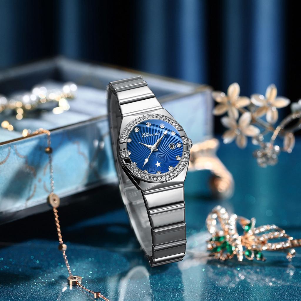 New Women Watch Round Quartz Diamond-Studded Wristwatch Date Luminous Waterproof Stainless Steel Watch Ladies Gift Relojes Para