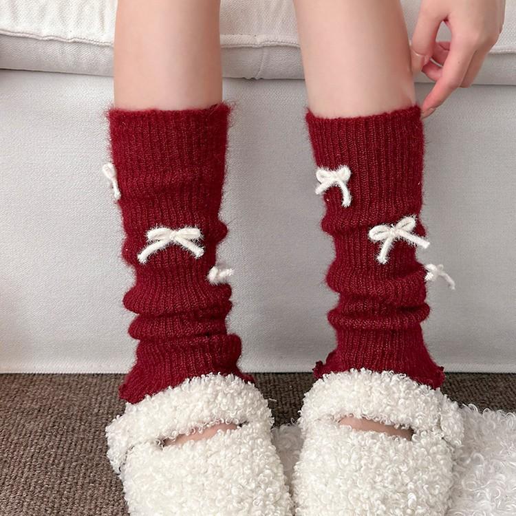 New Year'S Day Red Medium Tube Leggings Leg Cover Women'S Knitted Warm Sweet Butterfly Autumn And Winter Stacking Socks Cover Vertical Calf Socks