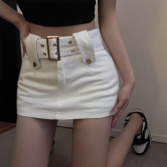 Women High Waist Slim Fit Denim Skort with Belt Solid Color Pockets Ultra-mini Skirt Fashion Accessories