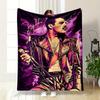 Vibrant Stylized Figure In a Leather Jacket Against a Cosmic Purple Backdrop. for All Seasons Blanket Lunch Break Throw Gift