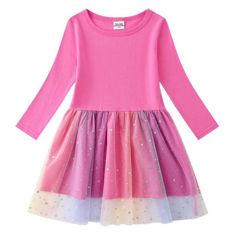 Korean Style Children's Princess Dress - Short/Long Sleeve with Stars, Rainbow Sequins, and Mesh Pleats for Spring, Summer, and Autumn