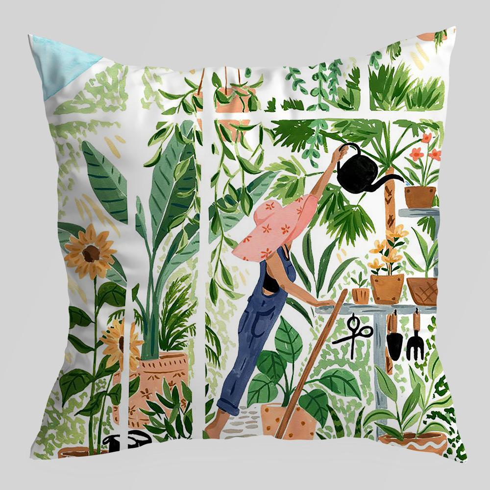 Abstract Green Plant Figures Seascape Pillow Cover Nordic Ink Painting Short Velvet Sofa Car Pillow Cushion Cover