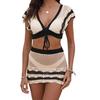 2Pcs/Set Women Swimsuit Set V-neck Hollow Crochet Front Tie Tops High Waist Cover Up Skirt Set Patchwork Color Swimwear
