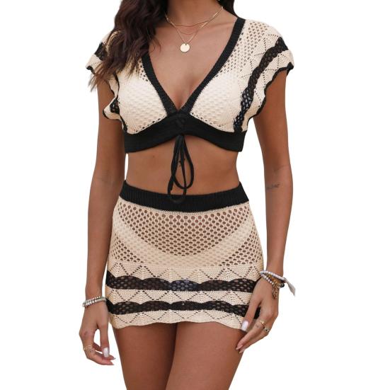 2Pcs/Set Women Swimsuit Set V-neck Hollow Crochet Front Tie Tops High Waist Cover Up Skirt Set Patchwork Color Swimwear