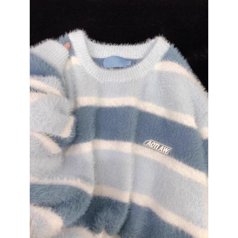 

Lazy Milk Fufu Mohair Loose Preppy Style Knitwear Blue XL
