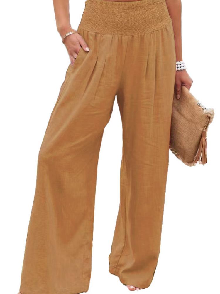 High Waisted Wide Leg Pants with Elastic Waistband, Light Beige Loose Fit Trousers for Women