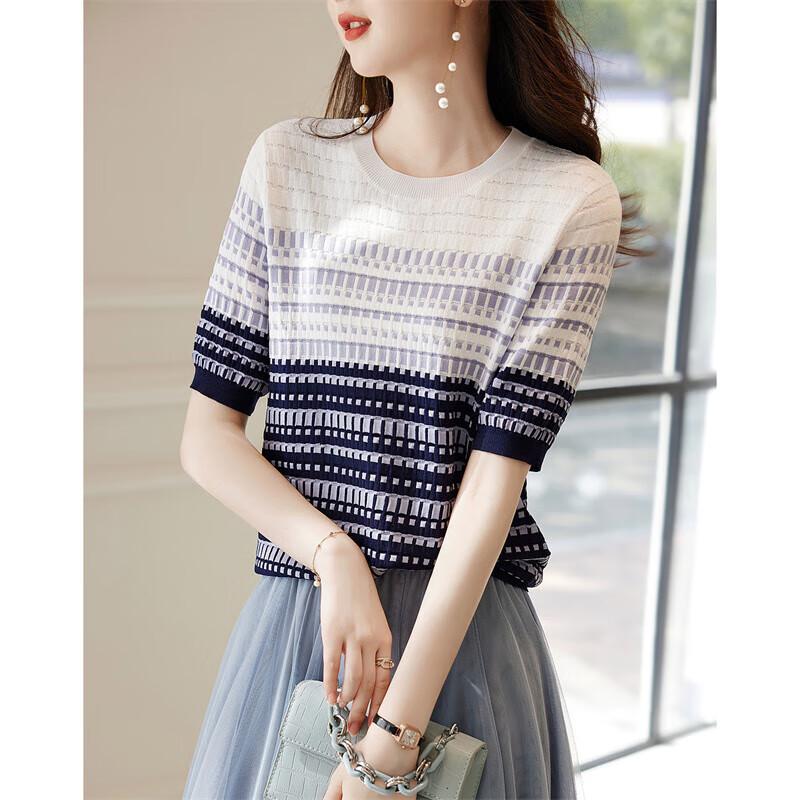 

Demana Women s Color-block Jacquard Mid-Sleeve Knit Top S