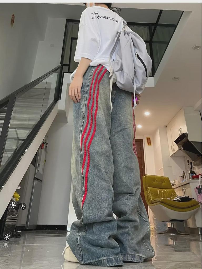 Unisex Striped Distressed Jeans - 2024 Spring Collection: Loose Wide-Leg Fit (Men & Women)