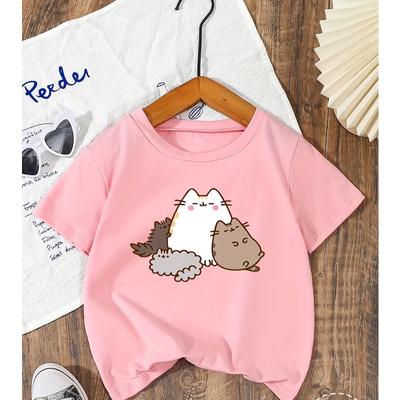 T-shirt Estiva in Cotone Stampata con Gattino Cartone Animato per Bambini, Morbida, Girocollo, Manica Corta, Adatta per Bambini e Bambine, Top