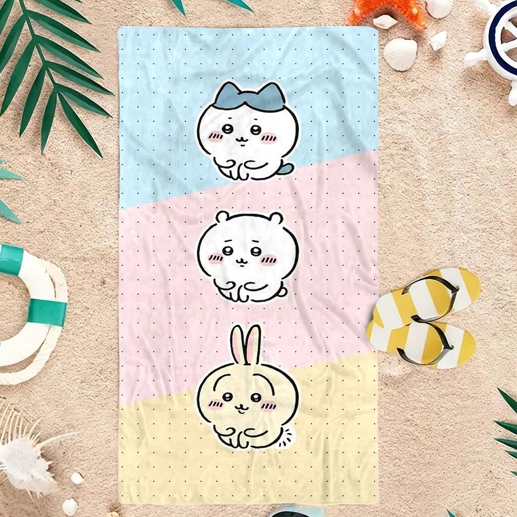 Chiikawa Three Characters Print Beach Towel Pastel Color Block Microfiber Bath Towel