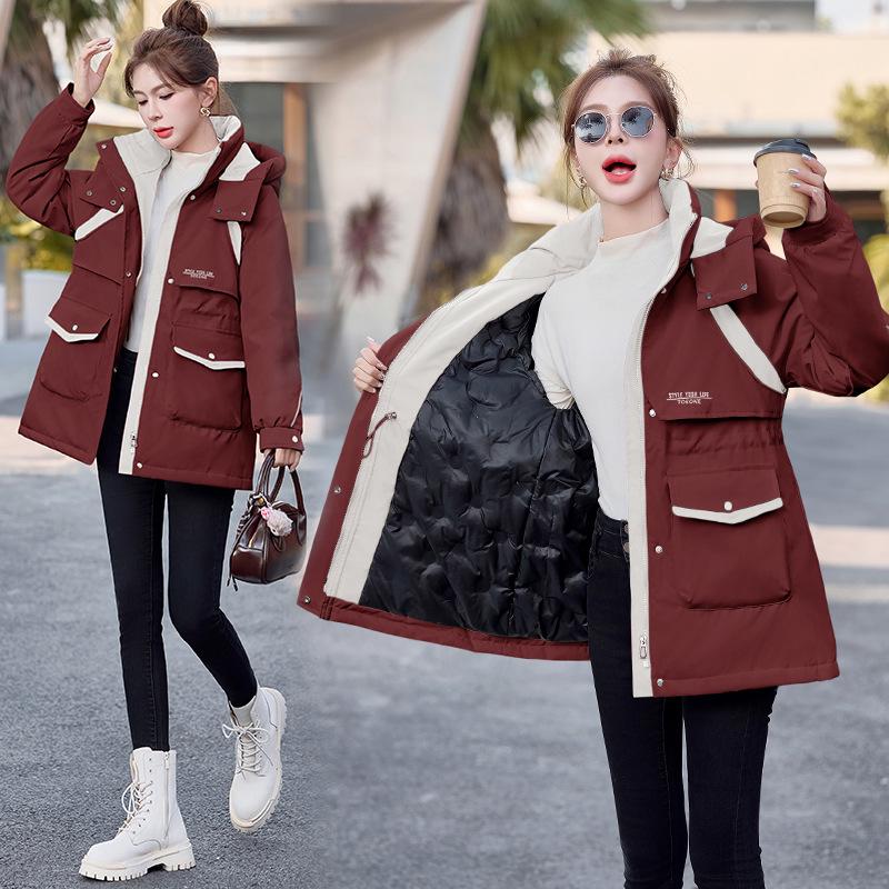 

Женская куртка средней длины с капюшоном на утином пуху - Зимняя мода 2024, Теплое пальто (OU6772) L 110-120 kg вино красного