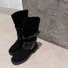 Cowhide Western Cowboy Boots Women's Brown Belt Buckle Pile Boots Medium Knight Boots New Retro Strap Boots Women