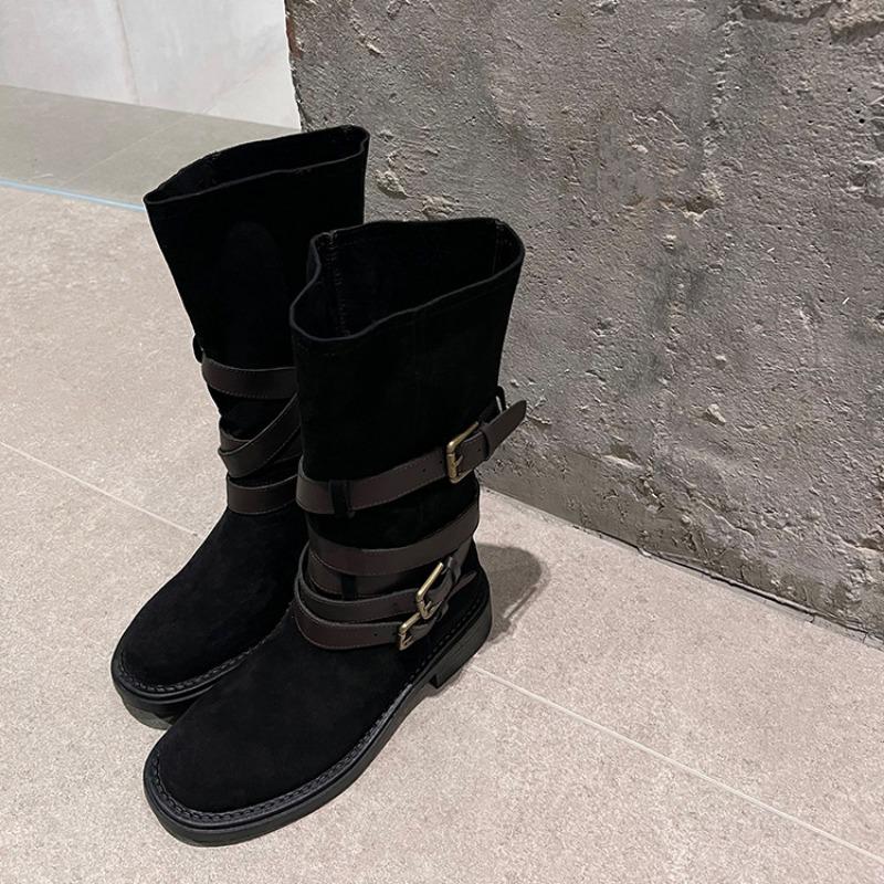 Cowhide Western Cowboy Boots Women's Brown Belt Buckle Pile Boots Medium Knight Boots New Retro Strap Boots Women