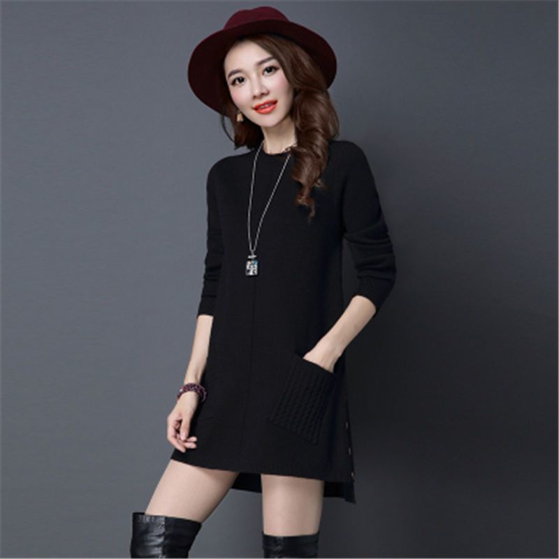 Мода Женский Однотонный Простой Женский Вязаный Пуловер Для Повседневной Носки Всесезонный С Длинным Рукавом Свитер Осень Зима Женская Одежда XXXL чёрный