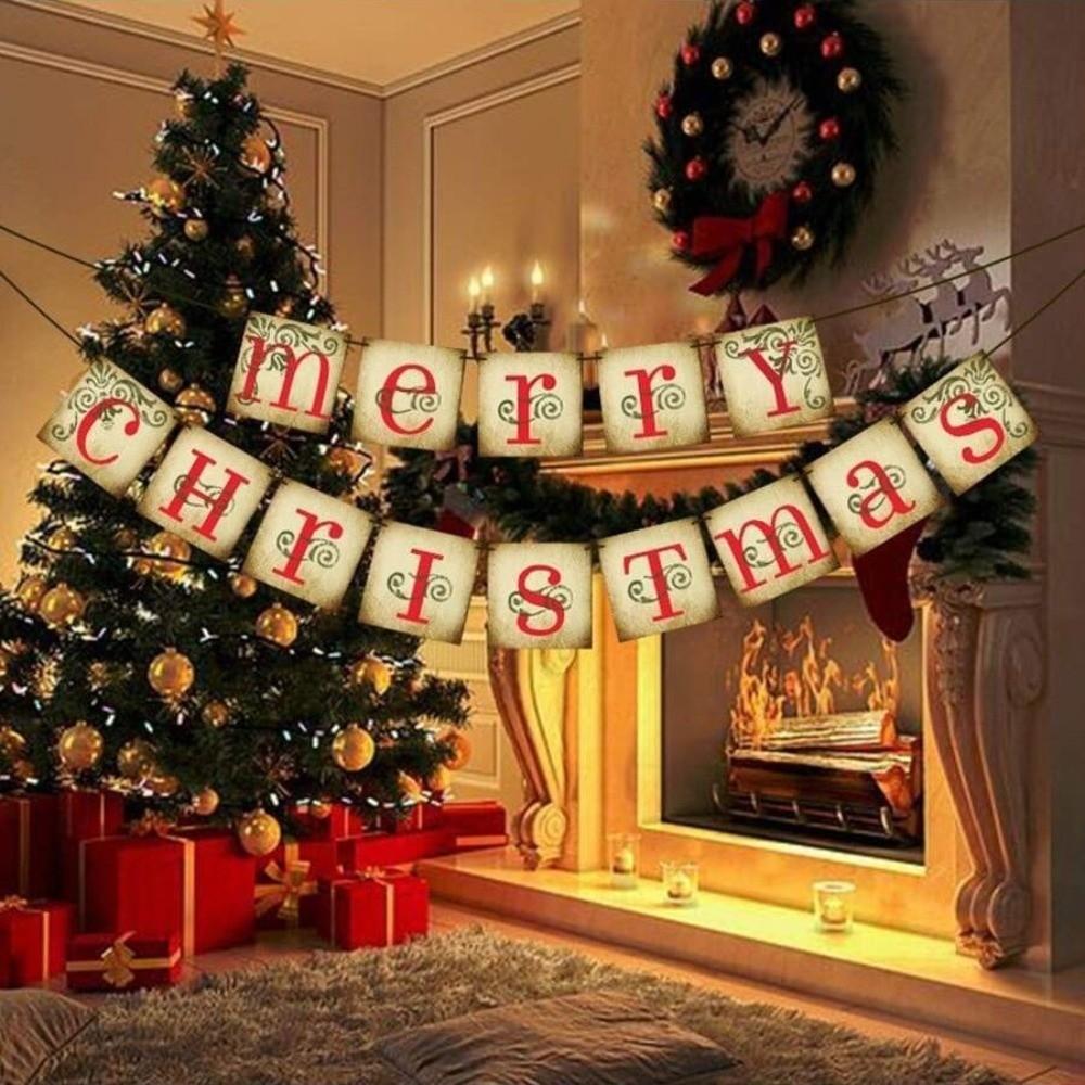 Letter Merry Christmas Decorations Paper Fireplace Hanging Ornaments Retro Christmas Banner