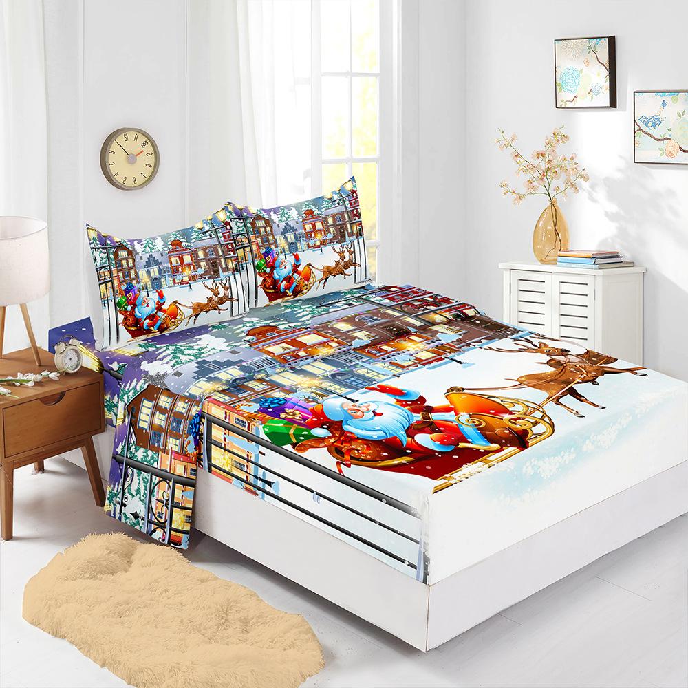 Four-Piece Mattress Set Christmas Bedding 3D Digital Printing Kit Mattress Protective Cover