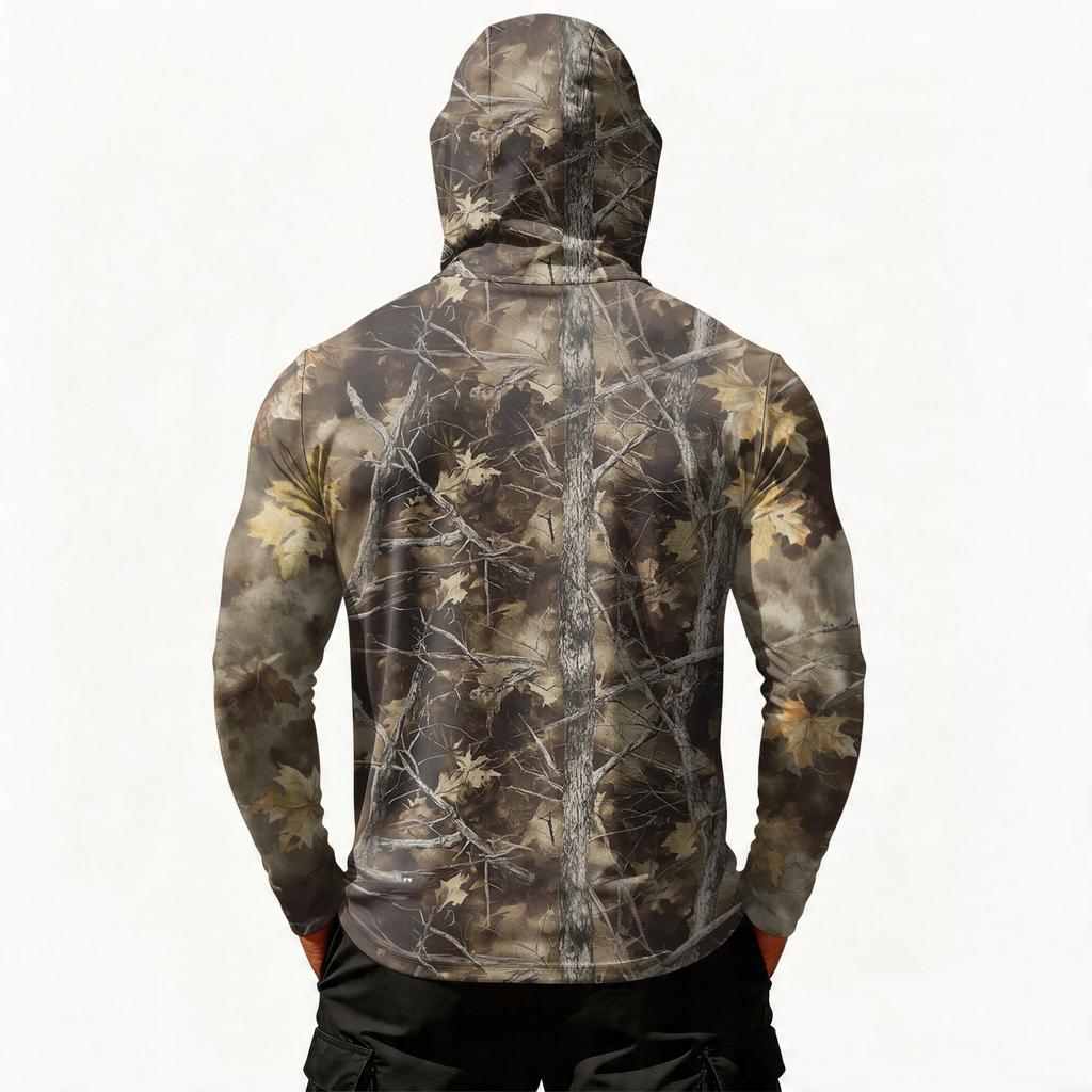 Men's Casual Leaf Camouflage Print Hooded Long Sleeve Sun Protection Shirt Lightweight Breathable Outdoor Top with Zipper Pocket