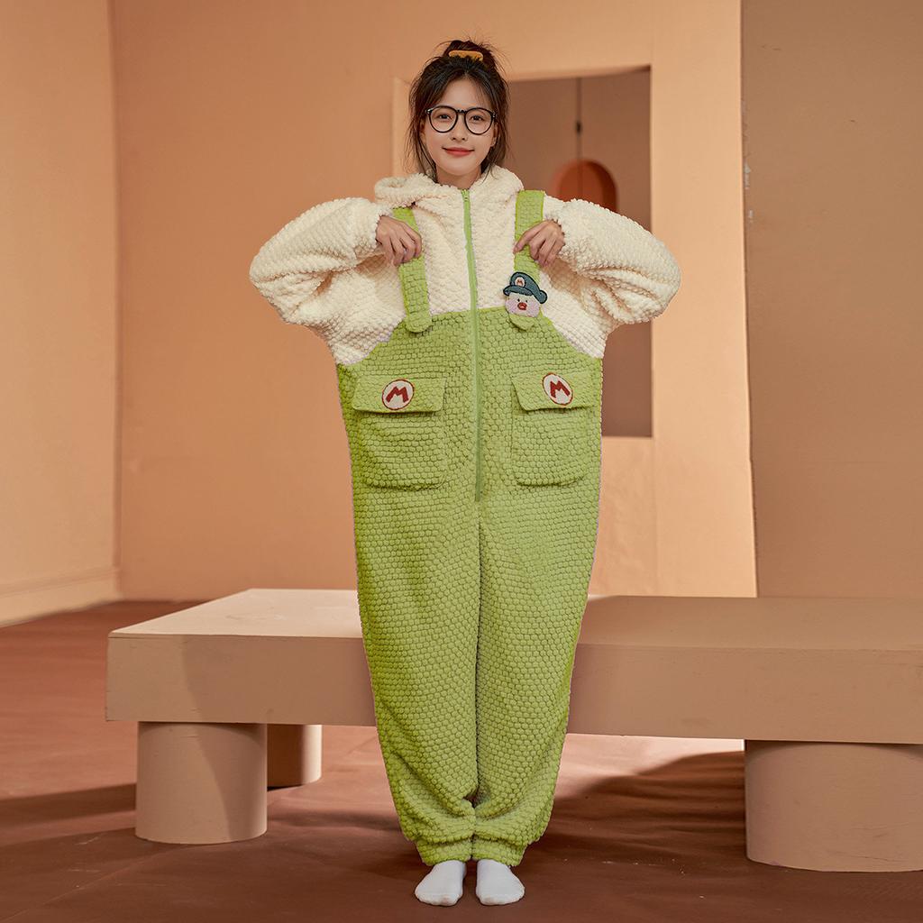 Winter Pajamas Women's Jumpsuit Coral Fleece Sleepwear Cute Cartoon Nightwear Thickened Plush Hooded Warm Flannel Home Clothes