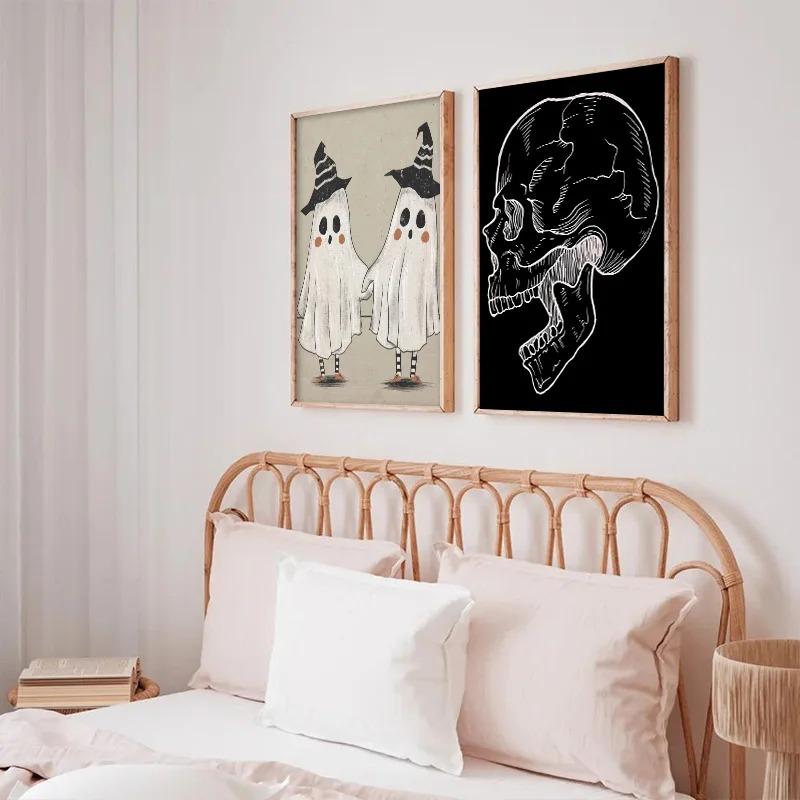 Funny Pink Halloween Poster Witch Gothic Ghost Skull Wall Art Canvas Painting Nordic Modern Festival Living Room Bedroom Decor