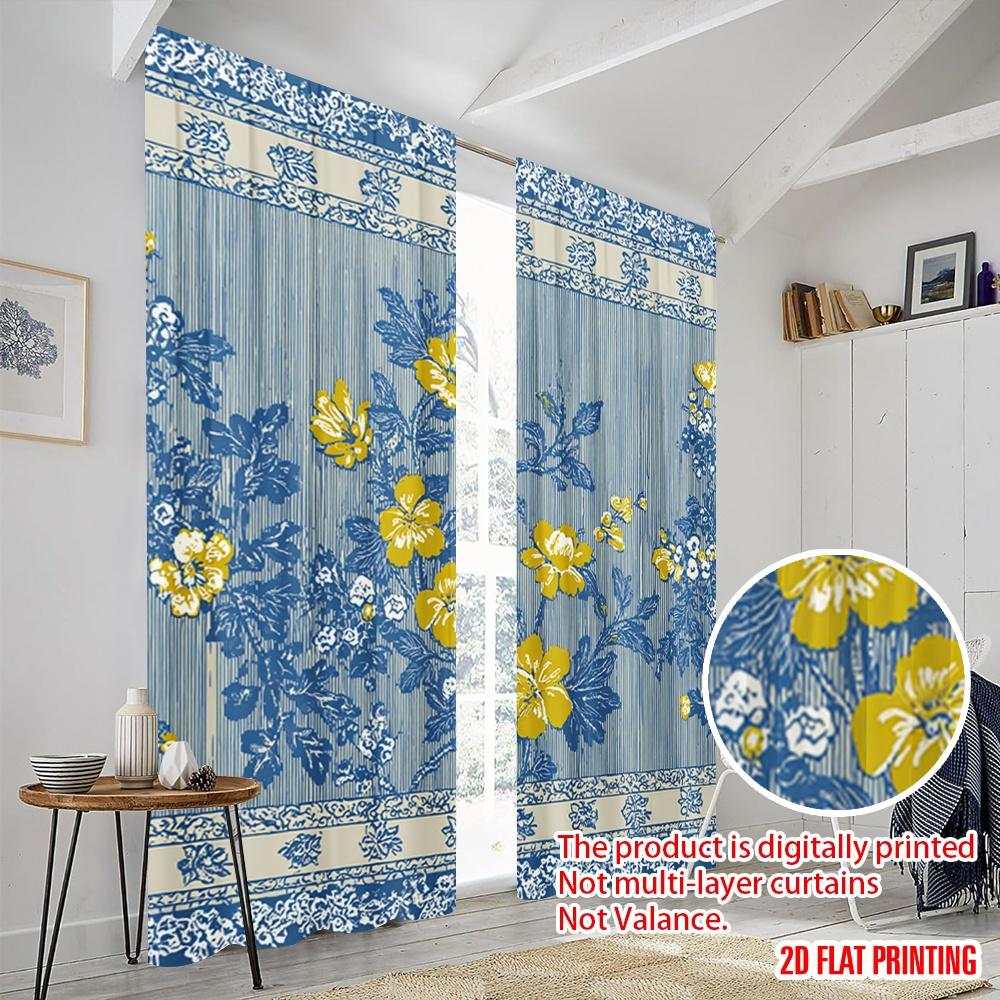 2pcs,2D Plane Printing Print Curtains Blue Yellow Floral Stripes Polyester (without Rod) Decorations Inside Use for Bedroom,