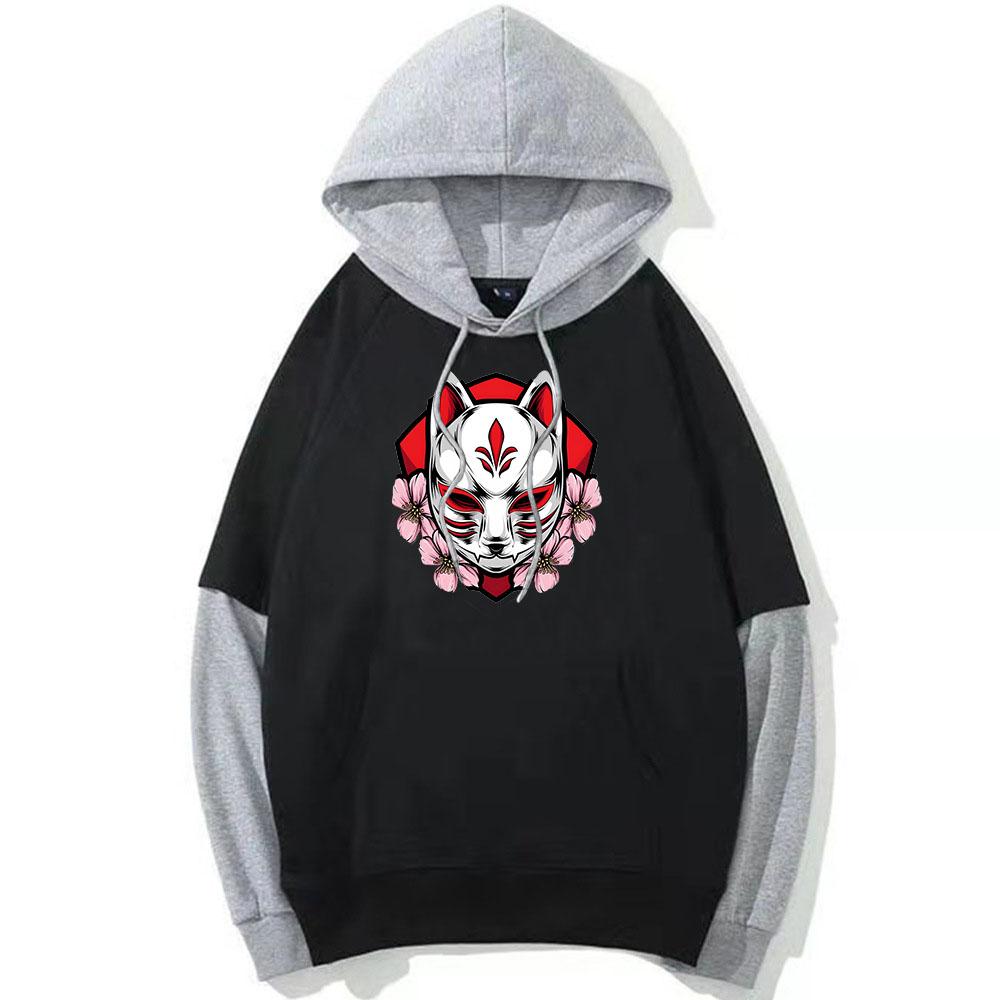 Kitsune Fox Mask Hoodie Herren/Damen Patchwork Sweatshirt Anime Grafik Hoody Japanischer Stil Pullover Manga Druck Kleidung