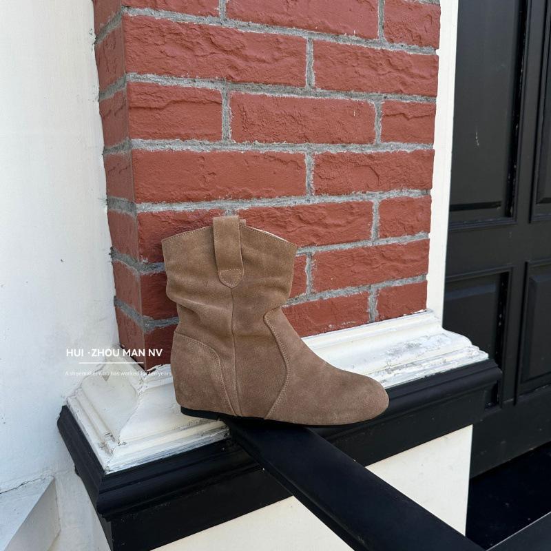 The first layer of cowhide~ genuine leather inner height increase retro short boots women's western Martin boots round head short tube stacking boots