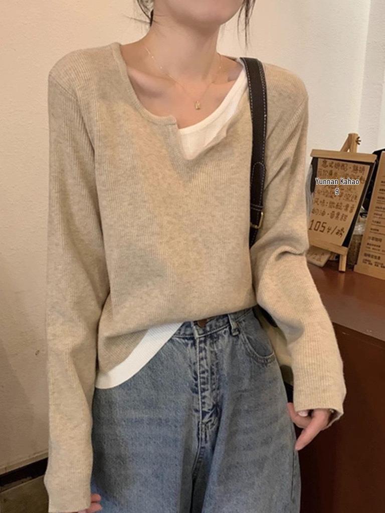 Women's French-Style Knit Sweater: Chic, Soft, Two-Piece Look with Revealing Collarbone for Spring, Autumn, and Winter.