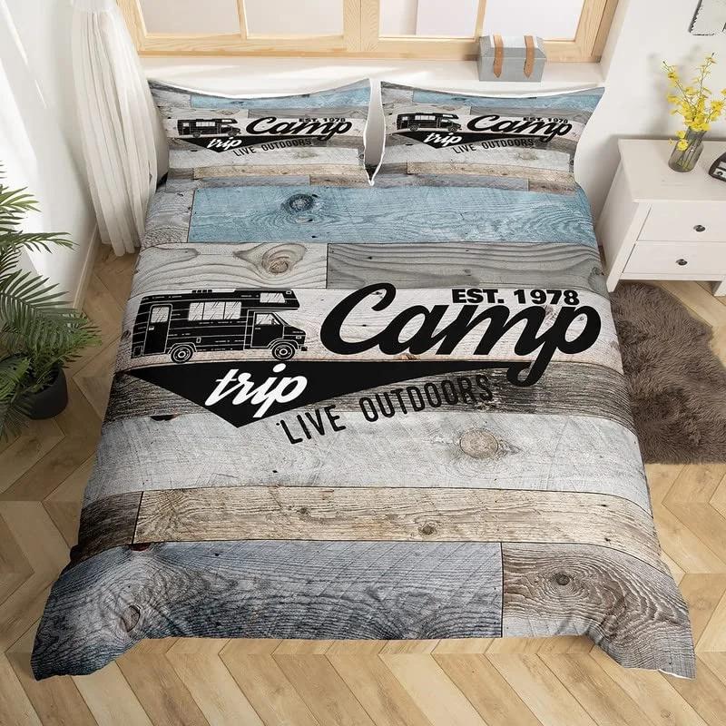 

Comforter Rustic Farmhouse Style Old Barn Door Comforter Polyester Happy Camper Print Black Sketch Drawing Comforter (quilt)-EU Single(135*200cm)3pcs