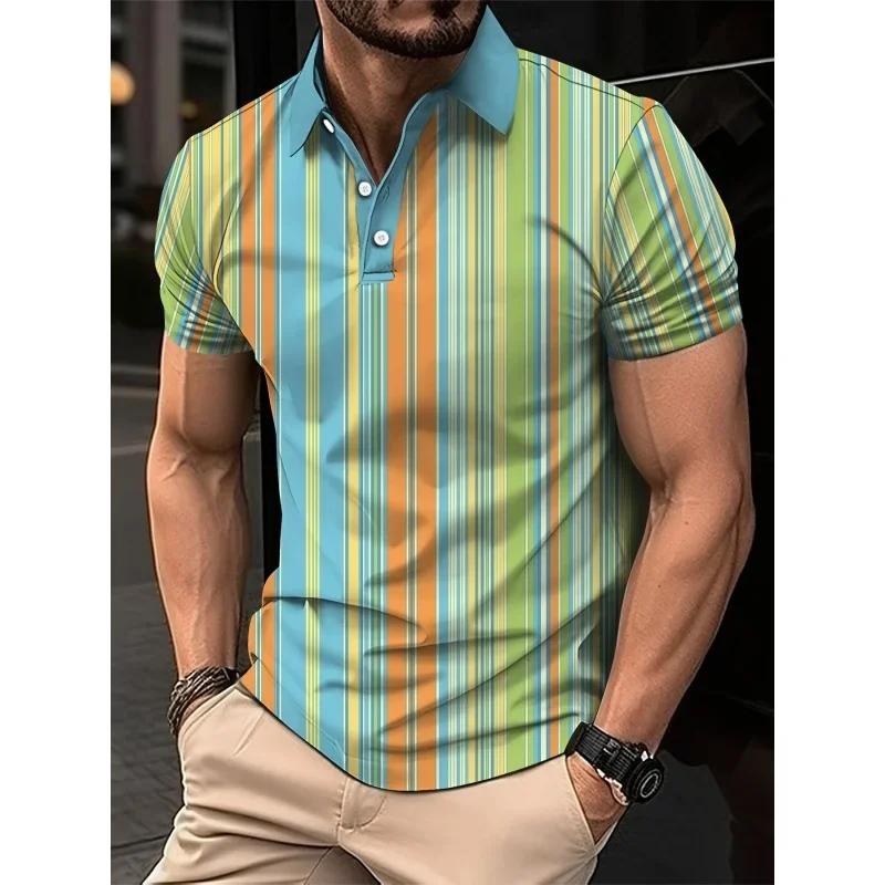 3D Printed Striped Color Block Men's Polo Shirt Colorful Pattern T-shirt Summer Loose Street Lapel Top Button Short-sleeved