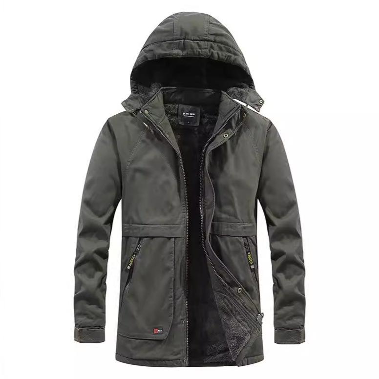 Velvet Windbreaker Jacket Mid-length Men s Middle-aged Coat Thickened Washed Cotton Work Jacket Men M