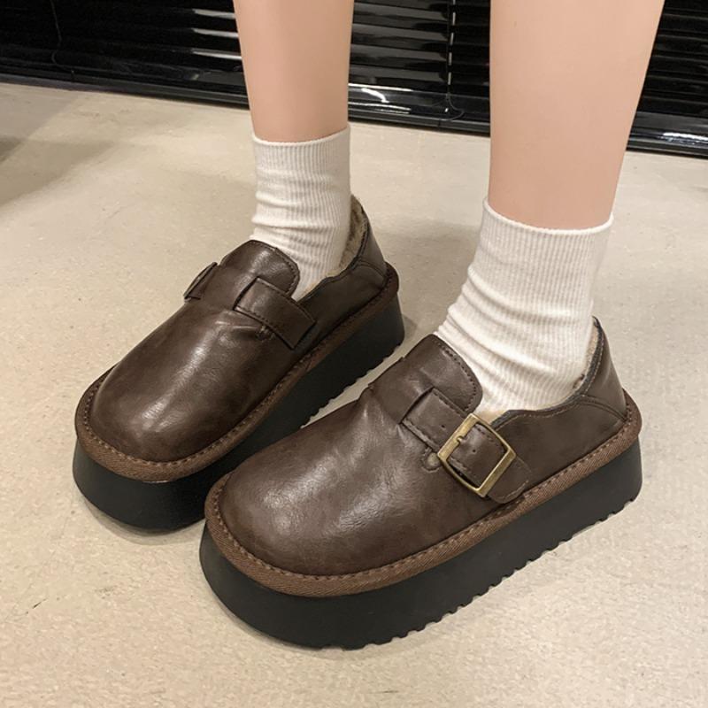 Flats Casual Cotton Shoes Women Loafers Platform Plush Warm Winter Retro Soft Leather Sneaker 2024 Trend Fur Snow Botas Mujer