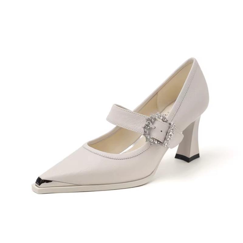 Fashion Rhinestone Buckle High Heels Autumn New Fashion Pointed Toe Shallow Mouth Temperament Simple Soft Leather Single Shoes Women