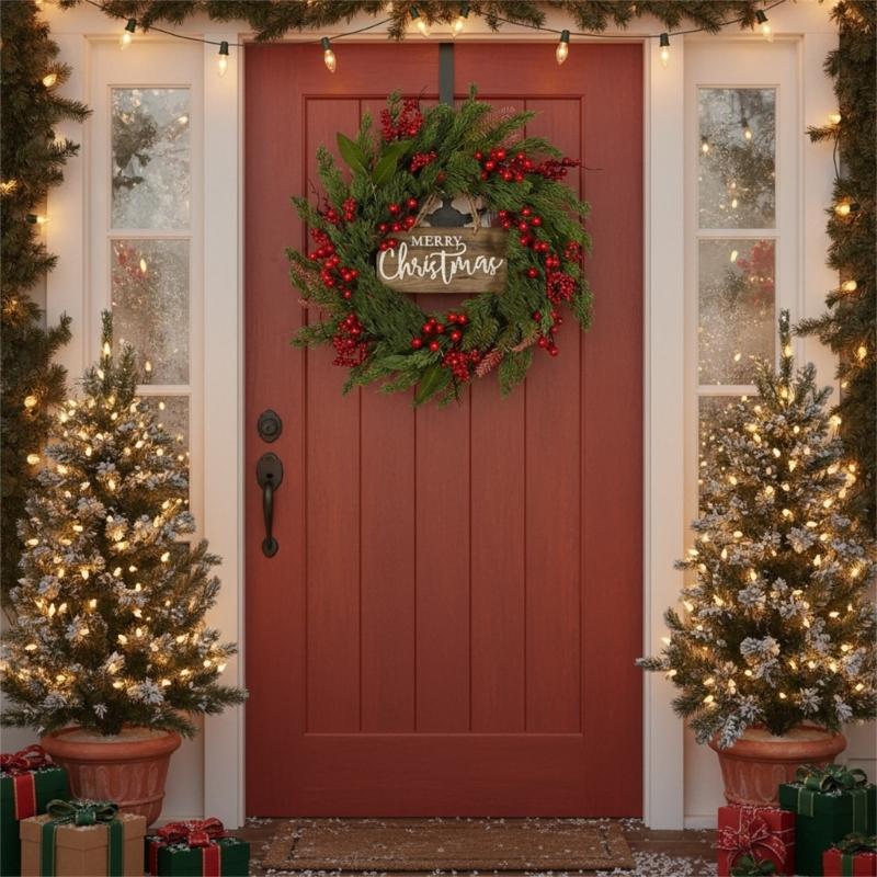 Pine Needle and Berries Door Wreath For Christmas New Year Indoor Outdoor Decorations Easy To Hanging Window Accessory