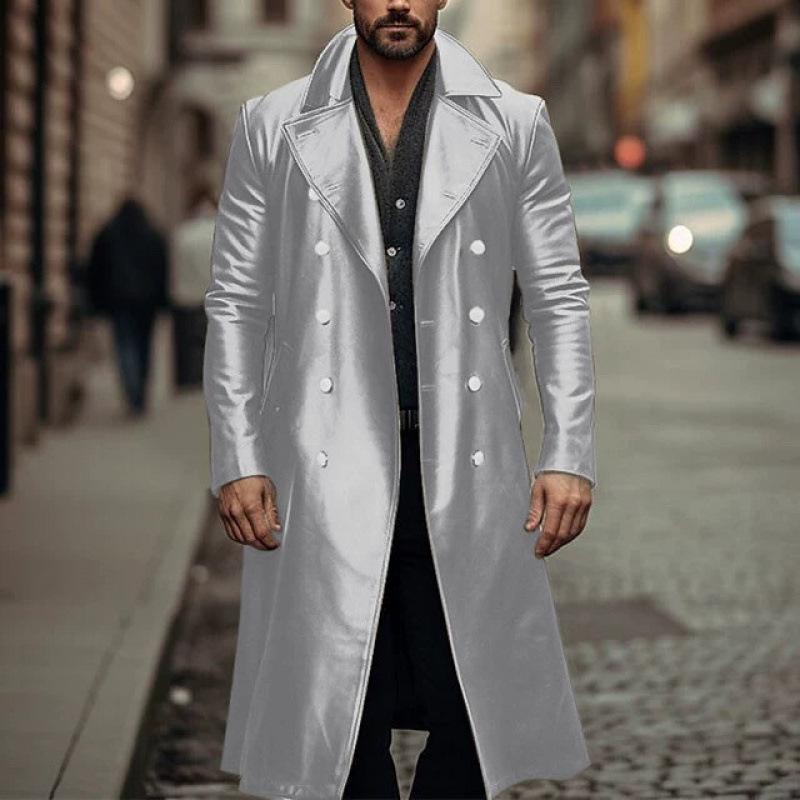 Herren Plus Size Doppelreihiger Leder-Trenchcoat - Europäischer Stil Winterjacke
