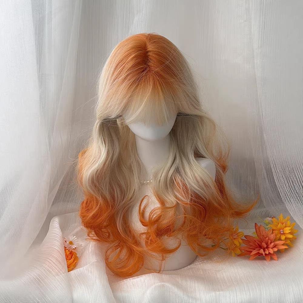 Herbst-Sonnenuntergang Perücke, Weiß zu Orange Farbverlauf Lange Lockige Perücke, Welle Volle Perücke, Lolita Cosplay Kostüm Perücke, Hitzebeständige Synthetikhaar-Perücke für Damen
