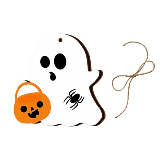 Halloween Wall Ornaments Ghost Wooden Hanging Sign with Hemp Rope, Cute Holiday Pendants for Home Party Decorations