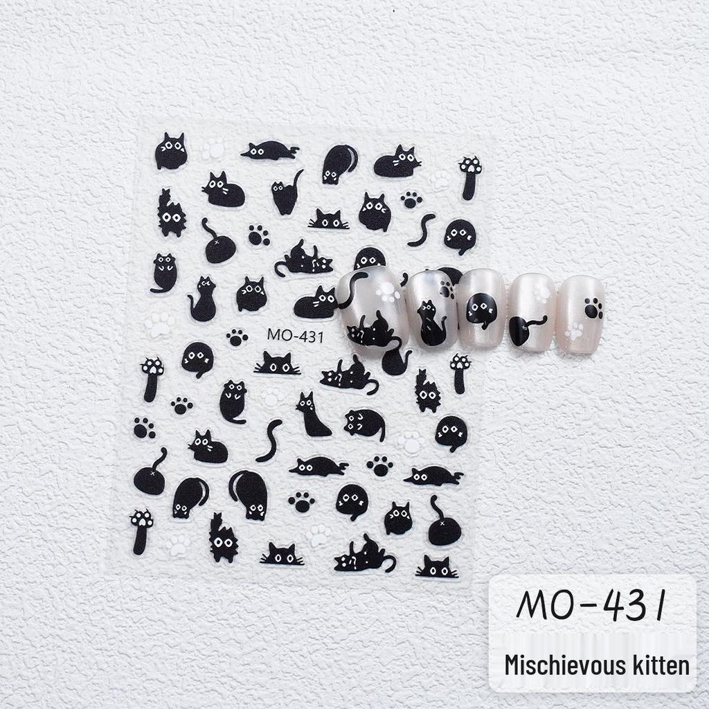 Cute Cat & Fishbone Nail Stickers - Frizzy Kitten Embossed Design