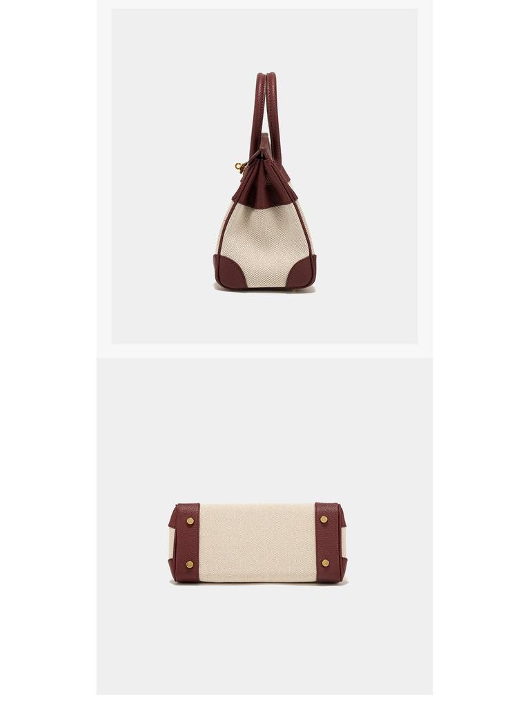 Lychee Grain Cowhide Canvas Color Block Women's Handbag - Large Capacity Shoulder & Crossbody Bag