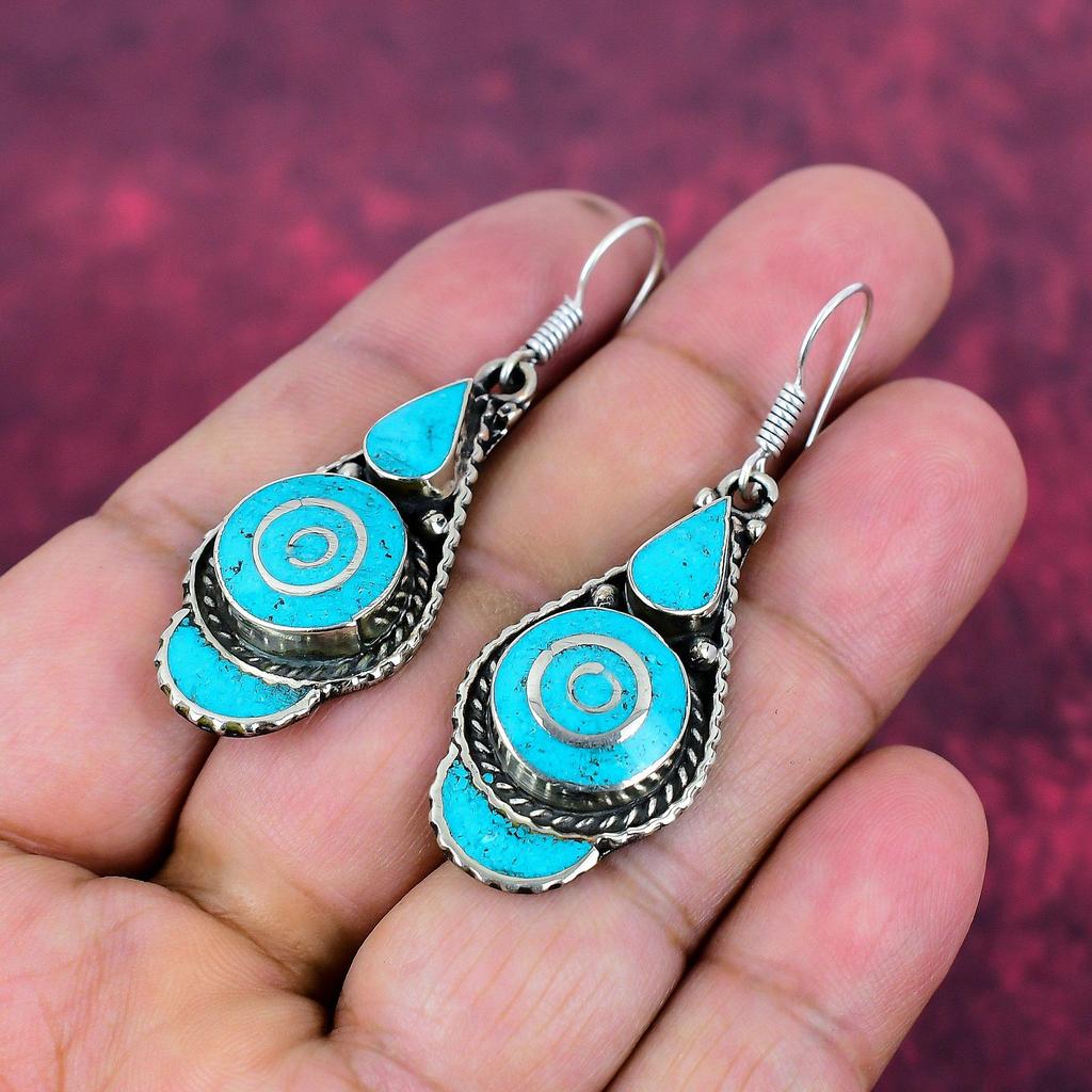 Turquoise Earrings, 925 Solid Sterling Silver Gemstone Jewelry, Handmade Nepali Earrings, For Thanksgiving