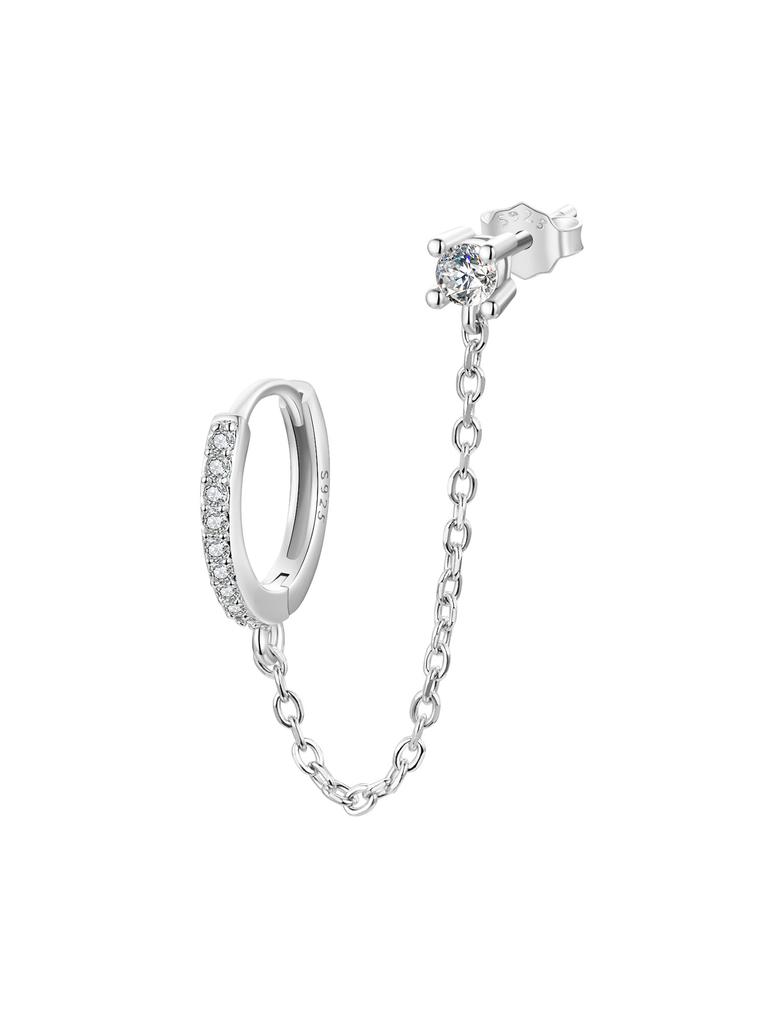 BAMOER 925 Silver 1 PC Double Circle Mono Hoop Earrings Long Chain CZ Earrings for Women Engagement Stackable Jewelry