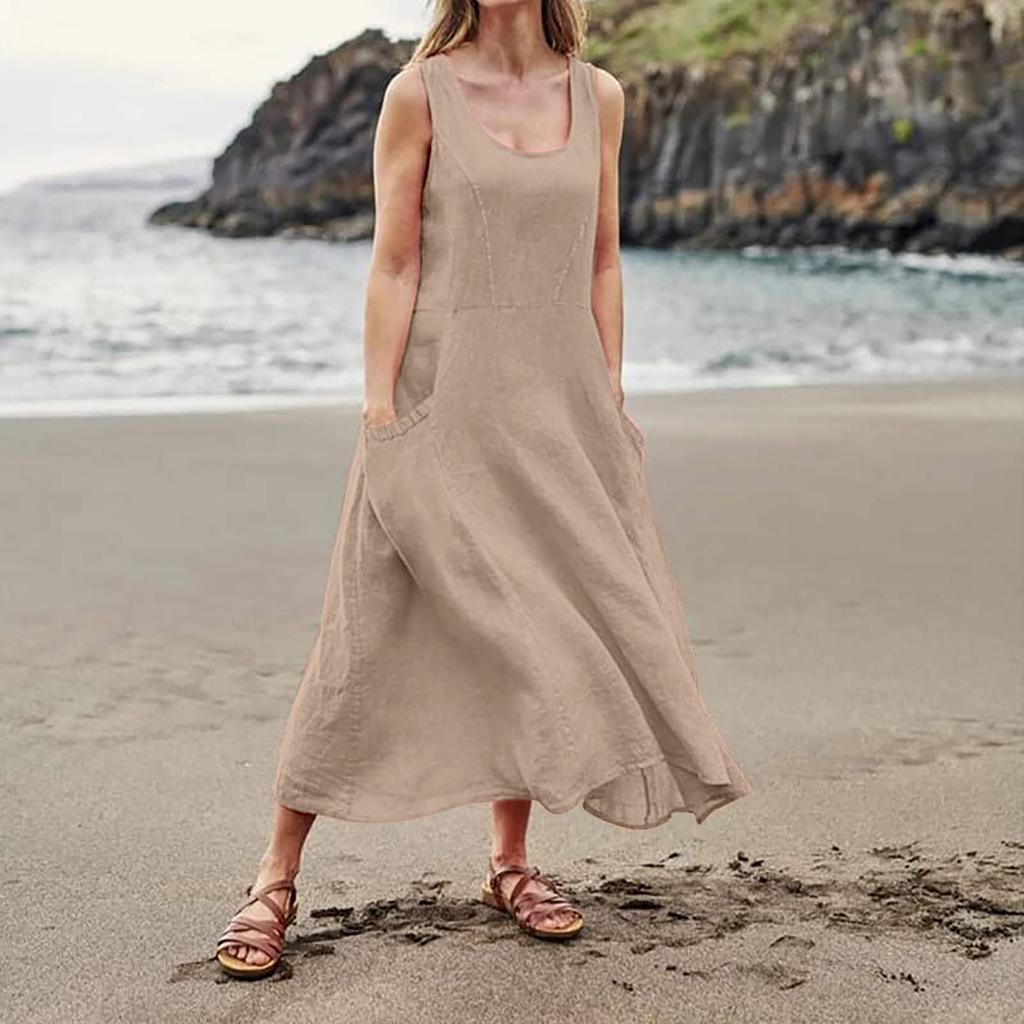 Women's Fashion Casual Solid Colour Sleeveless Cotton Linen Pocket Dress